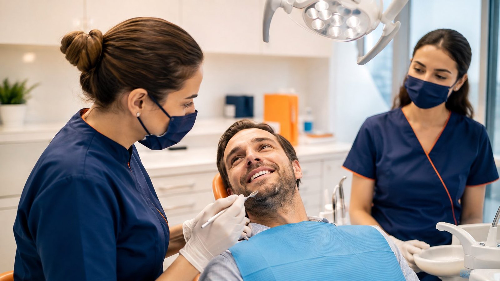 Una odontóloga revisa la dentadura de un paciente adulto tumbado en el sillón, mientras una auxiliar prepara el instrumental a su lado.