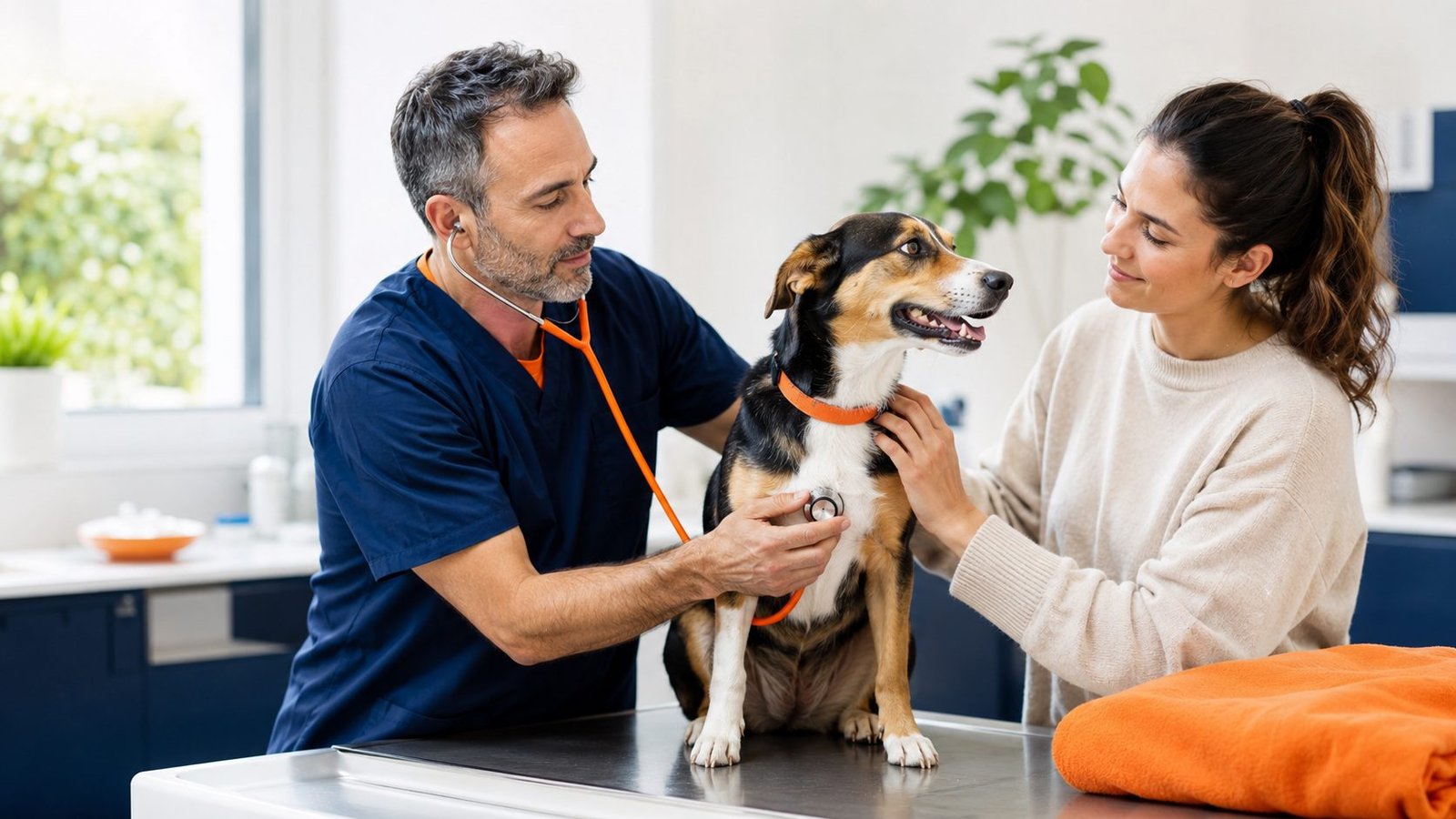 Un veterinario ausculta con el fonendoscopio a un perro sentado en la mesa de exploración, sujetado por su propietaria.